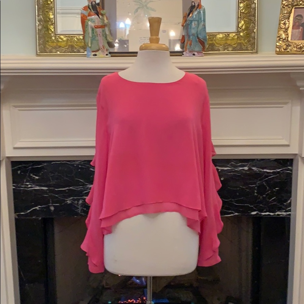 Bisou Bisou pink chiffon, ruffled sleeve blouse